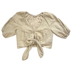 Abercrombie & Fitch Top Beige Linen Blend Puff Sleeve Tie Front Crop X Small